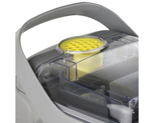 Detailansicht eines Poolreinigungsroboters mit transparentem Gehäuse und Filter