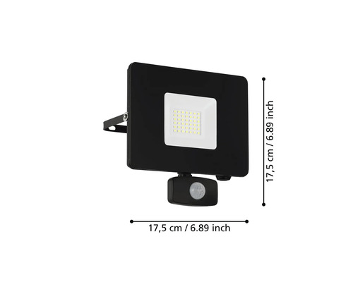 Schwarzer LED-Strahler mit Bewegungsmelder und Größenangabe 17,5 cm