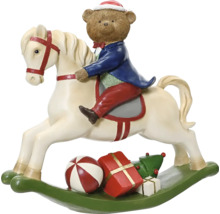 Dekorative Teddybär-Figur auf Schaukelpferd mit Weihnachtsgeschenken