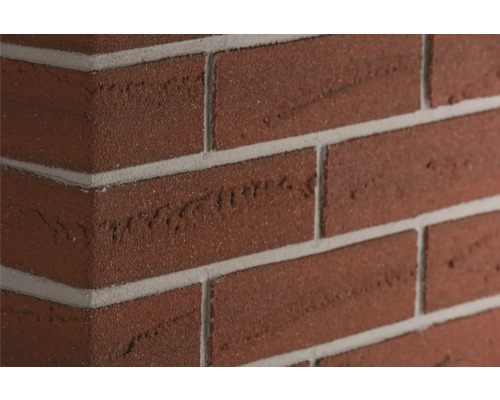 Eckriemchen Elabrick Colorado 24x5,2 cm rot-braun Nahaufnahme von roten Ziegelsteinen mit hellem Mörtel