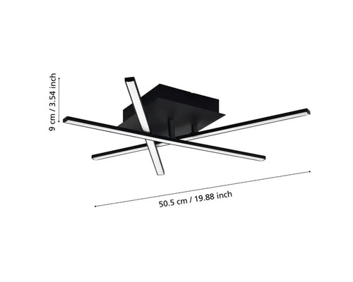 Schwarze Deckenleuchte mit LED-Leuchtstäben und den Massen 50,5 cm mal 9 cm.