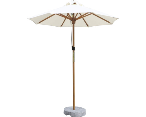 Sonnenschirm mit Holzgestell und Steinfuß