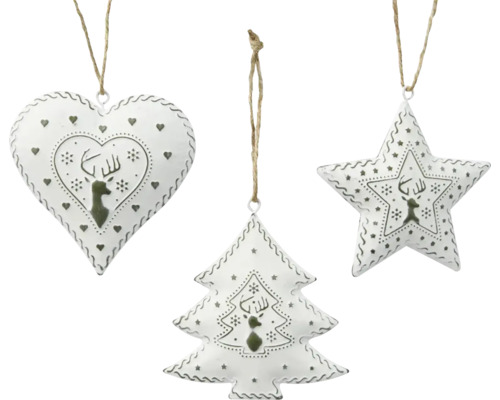 Dekorativer Christbaumschmuck im Dreierset mit Herz-, Stern- und Tannenbaumform