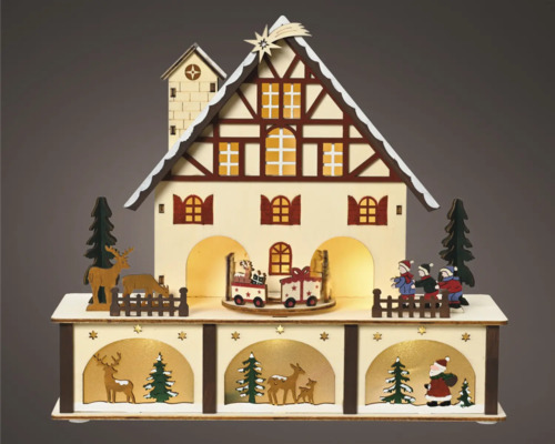 Weihnachtspyramide mit Haus, Figuren und Beleuchtung