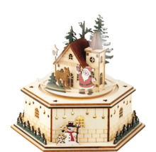 Weihnachtliches Holzhaus mit Weihnachtsmann, Rentier und Schneemann