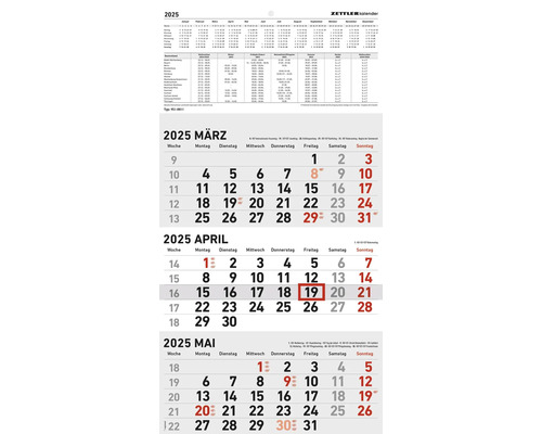 Wandkalender 3-Monatskalender rot/schwarz 2025 23,7x44,8 cm