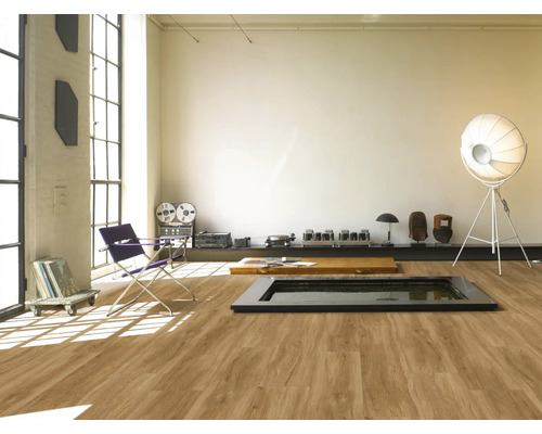 Helles Zimmer mit Bodenbelag in Holzoptik, Stuhl und Dekoration