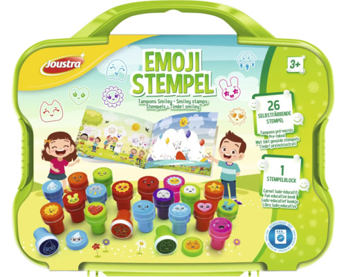 Joustra Emoji Stempelset mit 26 selbstfärbenden Stempeln und einem Stempelblock