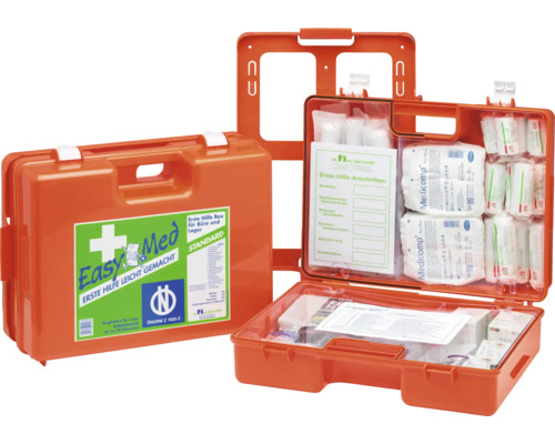 Geöffnete Erste Hilfe Box für Büro und Lager mit Füllung