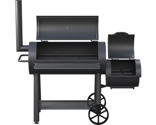 Schwarzer Holzkohlegrill mit seitlicher Feuerbox und Räucherturm