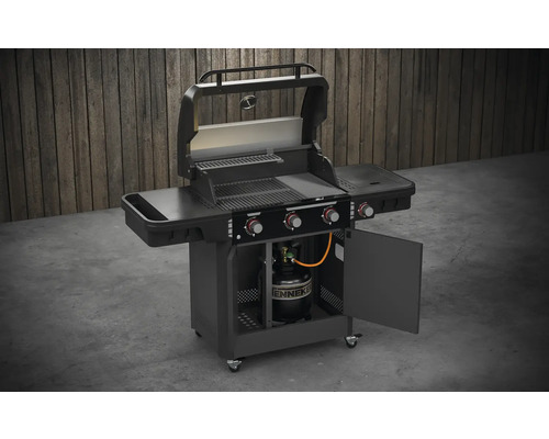 Gasgrill mit Grillrost, Grillplatte und offener Gasflaschentür
