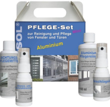 Pflegeset für Aluminiumfenster und -türen mit Dichtungspflegemittel, Aluminiumreiniger, Edelstahlreiniger und Beschlägeöl