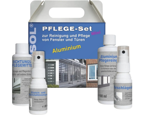 Pflegeset für Aluminiumfenster und -türen mit Dichtungspflegemittel, Aluminiumreiniger, Edelstahlreiniger und Beschlägeöl
