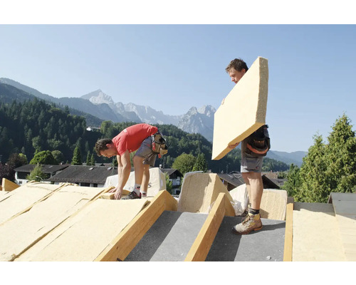 Zwei Handwerker verlegen Dämmplatten auf einem Dach vor einer Bergkulisse.