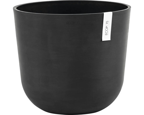 Schwarzer Pflanztopf mit abgerundeter Form und EcoPots Logo