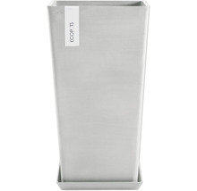 Hoher, grauer Pflanztopf aus Kunststoff mit Untersetzer