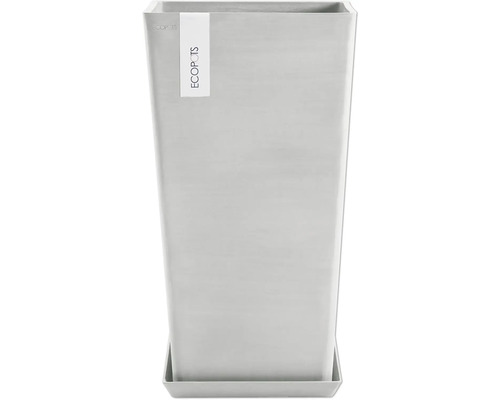 Hoher, grauer Pflanztopf aus Kunststoff mit Untersetzer