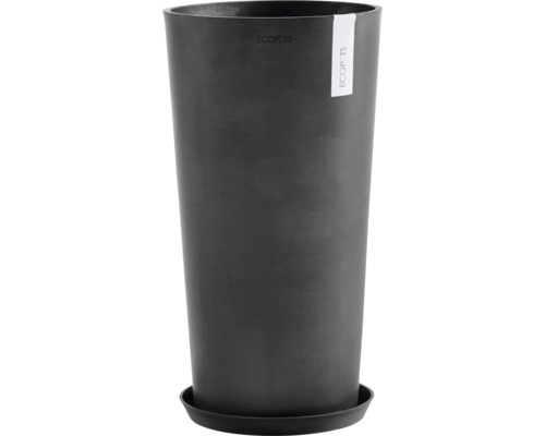 Hoher, dunkler Blumentopf mit Untersetzer