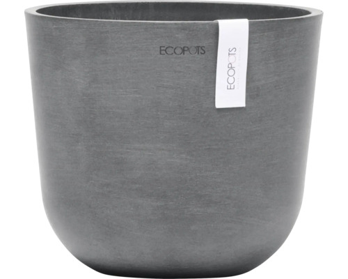 Grauer Pflanztopf mit Ecopots Etikett