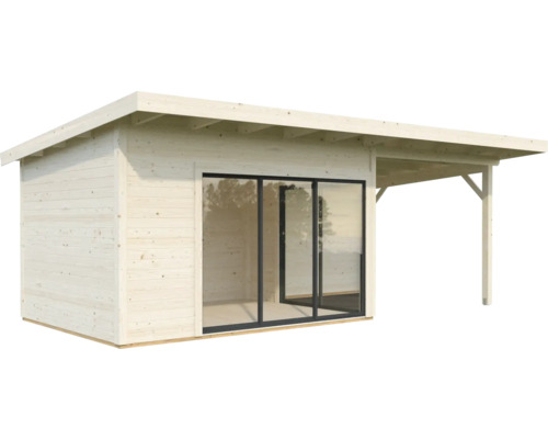 Holzgartenhaus mit Schiebetür und überdachtem Bereich