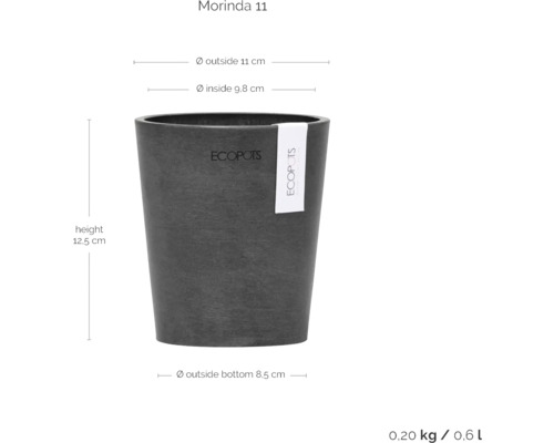 Morinda 11 Pflanztopf mit den Maßen Höhe 12,5 cm, Außendurchmesser 11 cm und Durchmesser unten 8,5 cm.