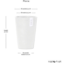 Pisa 14 Blumentopf mit den Maßen Höhe 20 cm, Außendurchmesser oben 14 cm, Innendurchmesser oben 12,5 cm und Außendurchmesser unten 10 cm.
