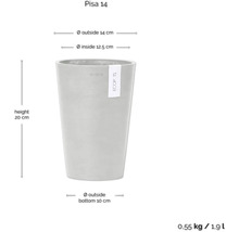Pisa 14 Blumentopf mit den Maßen Höhe 20 cm, Außendurchmesser 14 cm, Innendurchmesser 12,5 cm und Außendurchmesser unten 10 cm