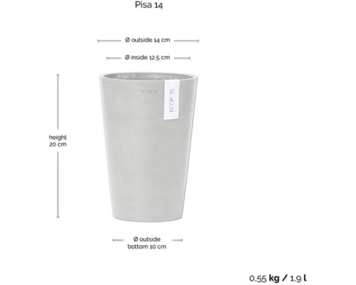 Pisa 14 Blumentopf mit den Maßen Höhe 20 cm, Außendurchmesser 14 cm, Innendurchmesser 12,5 cm und Außendurchmesser unten 10 cm