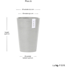 Pisa 21 Pflanztopf mit den Maßen Höhe 29,8 cm, Außendurchmesser 21,1 cm, Innendurchmesser 19,2 cm und Außendurchmesser unten 14,8 cm.