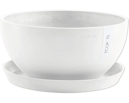 Weißer Blumentopf aus Kunststoff mit Untersetzer