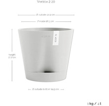 Blumentopf mit den Maßen Höhe 17,7 cm, Außendurchmesser oben 20,1 cm, Innendurchmesser oben 18,3 cm und Außendurchmesser unten 14,5 cm.