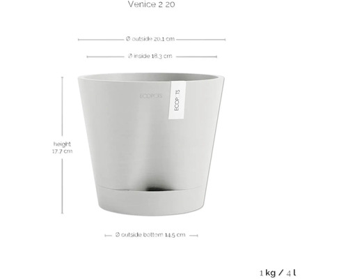 Blumentopf mit den Maßen Höhe 17,7 cm, Außendurchmesser oben 20,1 cm, Innendurchmesser oben 18,3 cm und Außendurchmesser unten 14,5 cm.