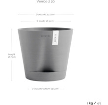 Grauer Pflanztopf mit Größenangaben