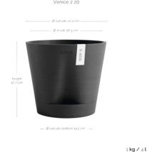 Blumentopf mit den Maßen 20,1 cm Außendurchmesser, 18,3 cm Innendurchmesser, 17,7 cm Höhe und 14,5 cm Durchmesser unten.