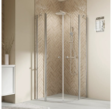 Eckdusche mit Glaswänden und Duscharmatur im Badezimmer