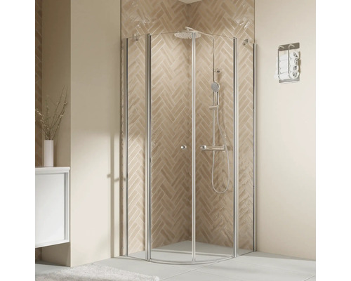 Runddusche mit Drehtür Breuer Elana 2.0 Express Q72 900x900x2000 mm Echtglas Klar hell silber mit schmutzabweisender Glasbeschichtung Eckdusche mit Glaswänden und Duscharmatur im Badezimmer
