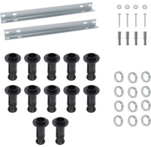 Montageset mit zwei Metallschienen, Dübeln, Schrauben und Unterlegscheiben