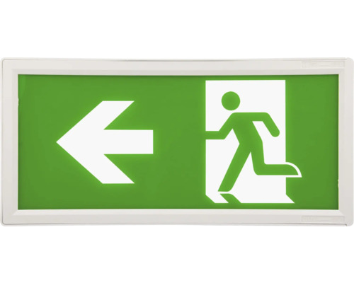Rettungszeichen mit Pfeil nach links und Symbol einer Person, die durch eine Tür läuft
