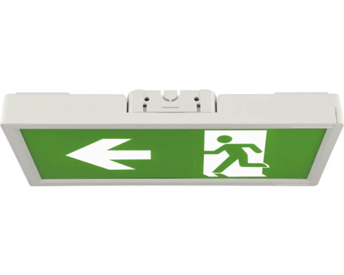 Rettungszeichenleuchte mit Pfeil nach links und fliehender Person