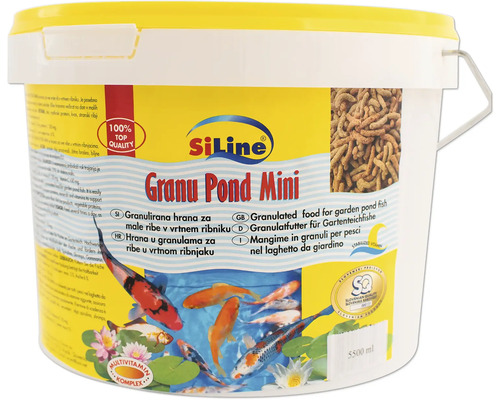 Teichfischfutter SiLine Granupond Mini Goldfischfutter 5,5 l Siline Granu Pond Mini Teichfutter in einer gelben Dose
