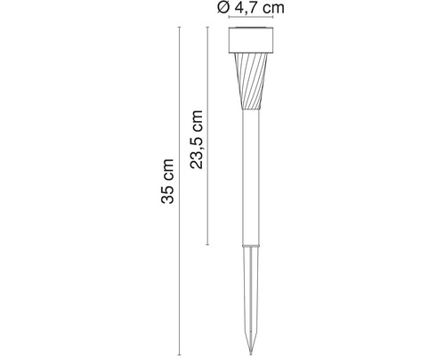 Diagramm einer 35 Zentimeter hohen Gartenleuchte mit einem Durchmesser von 4,7 Zentimetern