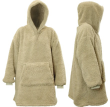 Übergroßer Hoodie aus Teddyplüsch mit Kapuze und Tasche, Vorder- und Seitenansicht.