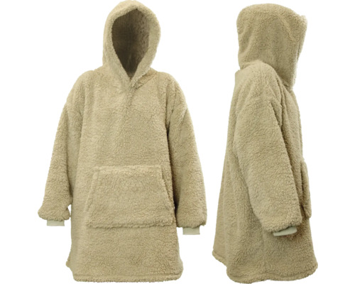 Übergroßer Hoodie aus Teddyplüsch mit Kapuze und Tasche, Vorder- und Seitenansicht.
