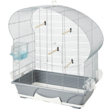 Vogelkäfig mit Gitterstruktur, Futternapf und Sitzstangen