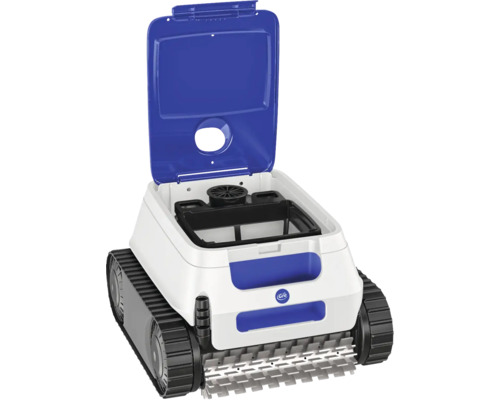 Automatischer Poolreiniger mit Raupenantrieb und geöffnetem Deckel
