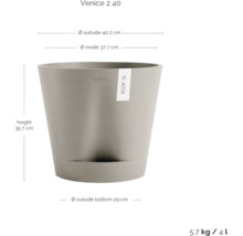 Blumentopf mit den Maßen: Höhe 35,7 cm, Außendurchmesser oben 40,2 cm, Innendurchmesser oben 37,7 cm, Außendurchmesser unten 29 cm