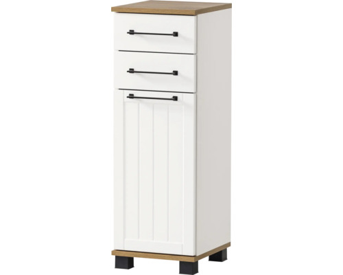 Unterschrank Möbelpartner Jelda 30.3x88.1x32.6 cm mattweiß-eiche landhaus dekor Schmaler Badezimmerschrank mit drei Schubladen und einer Tür