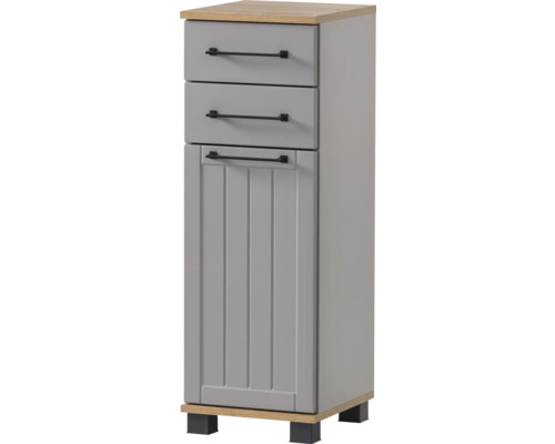 Unterschrank Möbelpartner Jelda 30.3x88.1x32.6 cm platingrau-eiche landhaus dekor Grauer Badezimmerschrank mit drei Schubladen und einer Tür