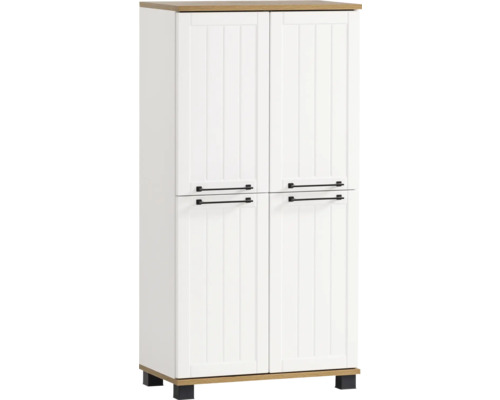 Highboard Möbelpartner Jelda 59.8x116.9x32.6 cm mattweiß-eiche landhaus dekor Weißer Mehrzweckschrank mit vier Türen und schwarzen Griffen