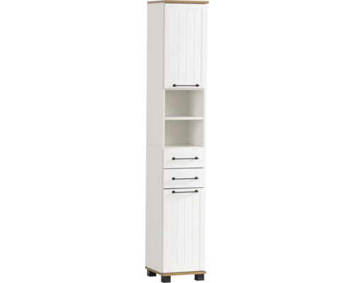 Hochschrank Möbelpartner Jelda 30.3x180.9x32.6 cm mattweiß-eiche landhaus dekor Hochschrank mit Tür, Schubladen und offenen Fächern